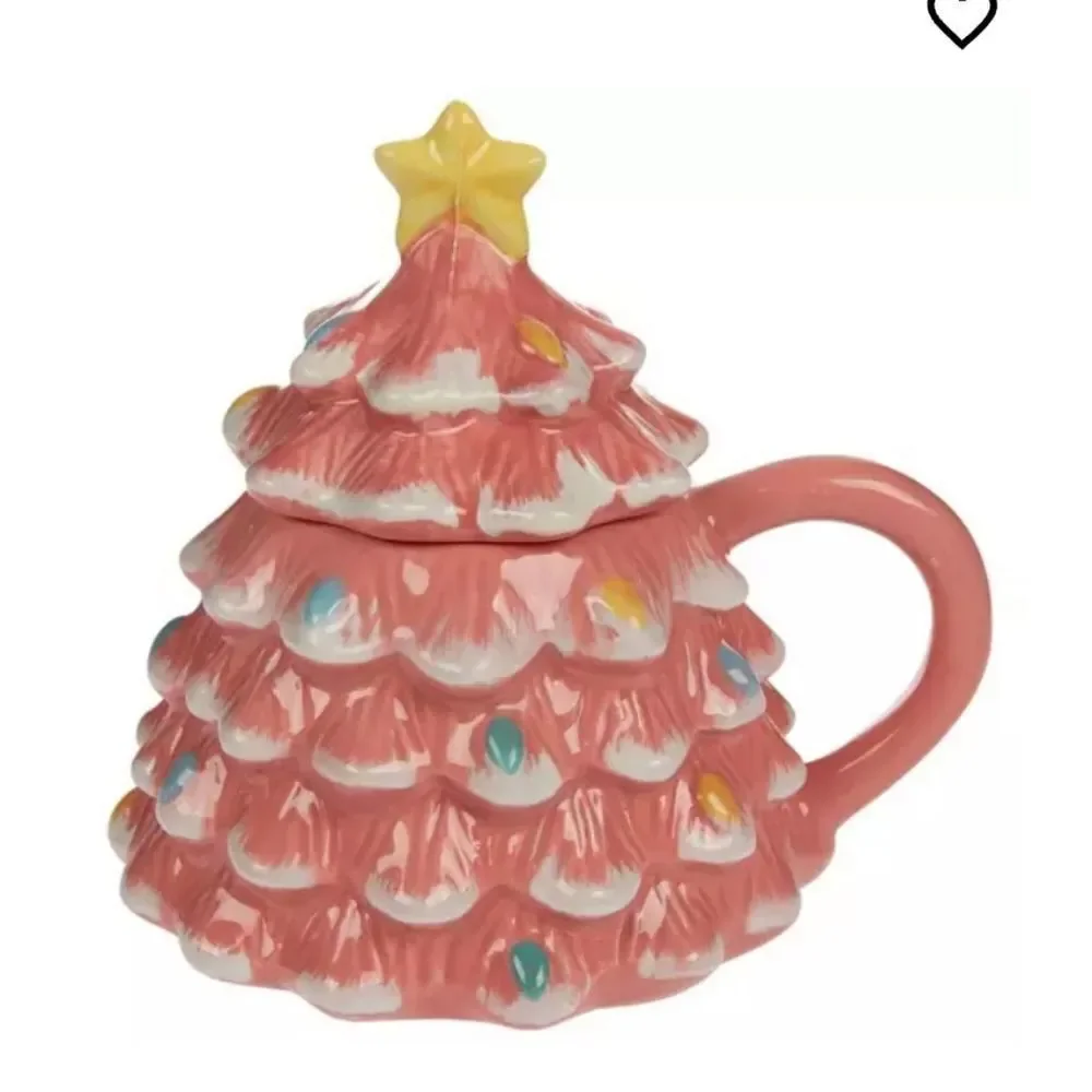 Nwt Pink Ceramic Christmas Tree Lidded Mug, 16 oz